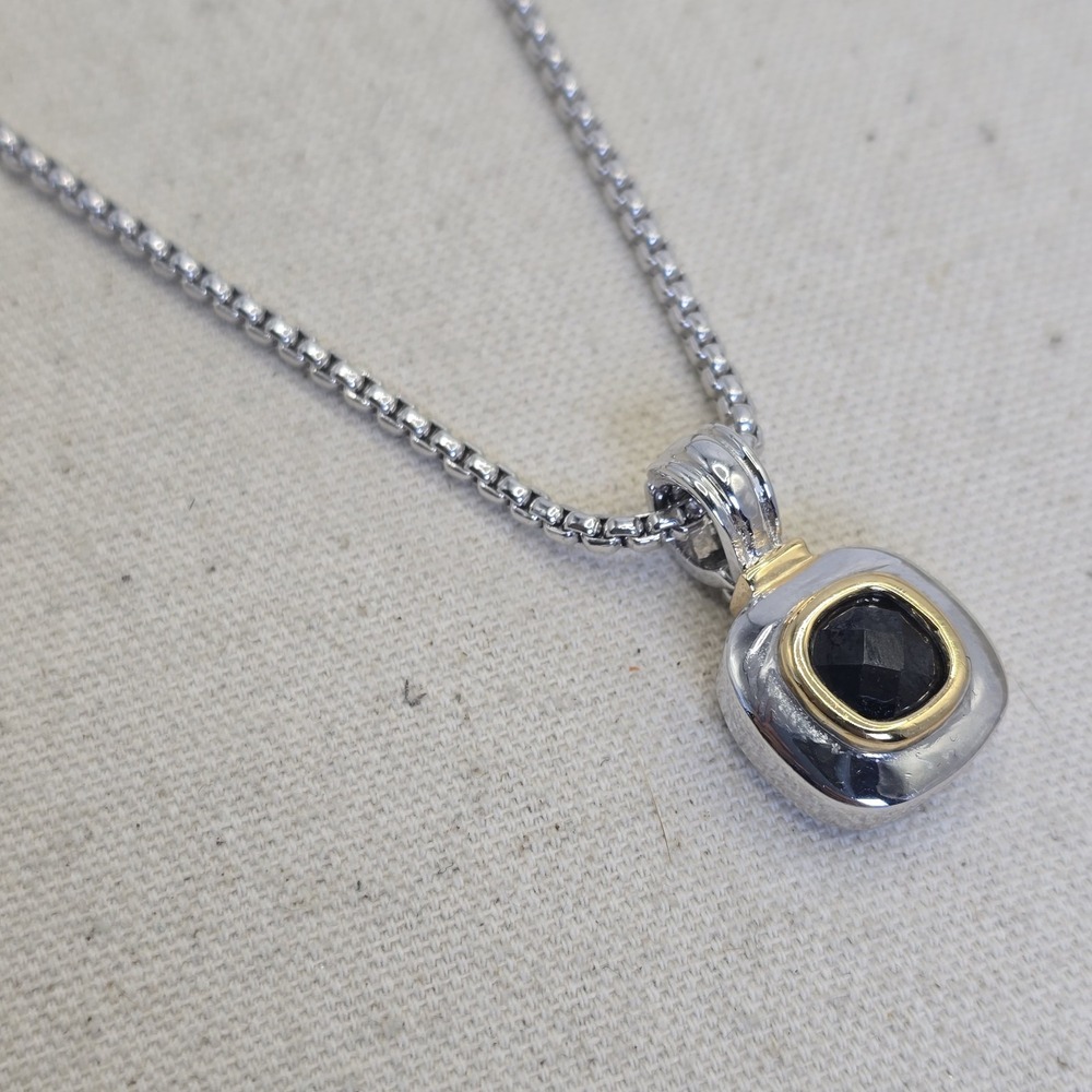 Silver Tone Black Faceted Stone Necklace & Pierced Earrings Set Gold Tone Accent - Picture 6 of 13